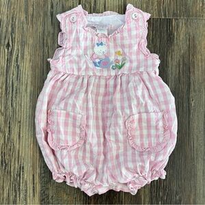 Samara Pink White Gingham Bubble Romper 12 Mos Embroidered Bunny Flowers Easter